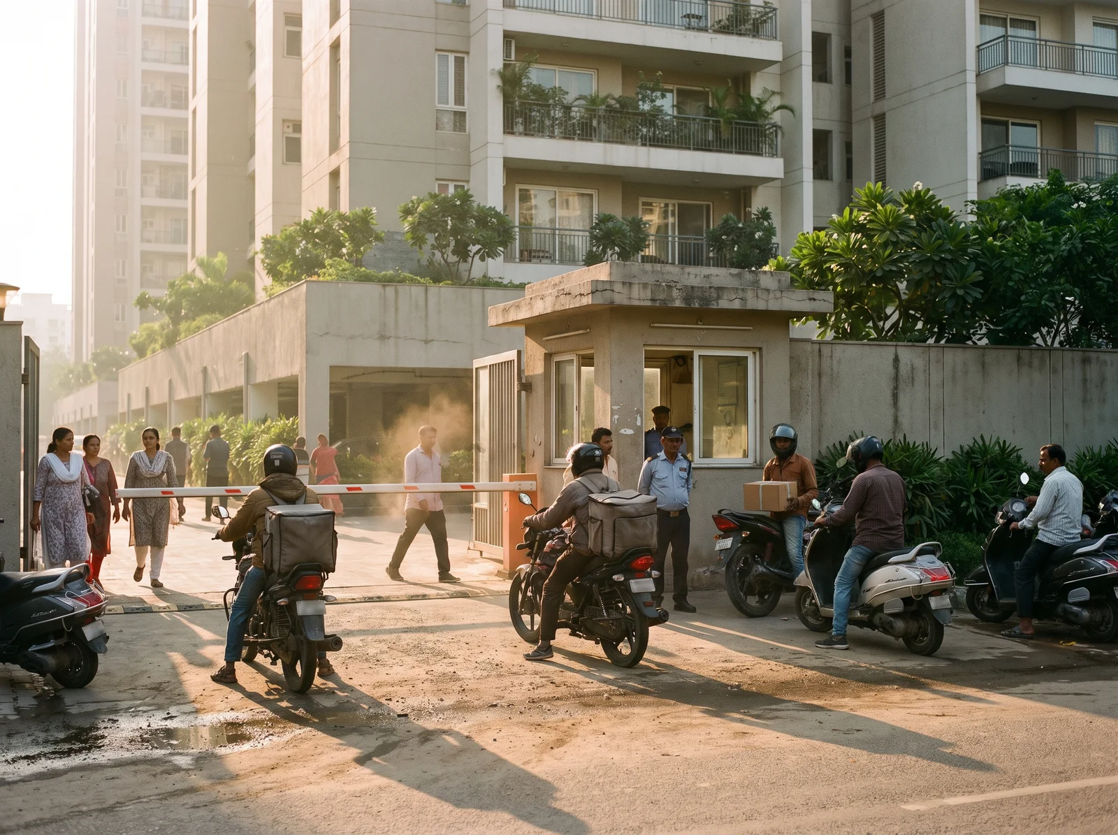 Peak-hour deliveries at a housing society gate.