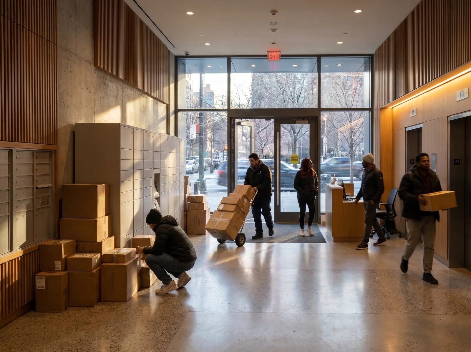 Peak-season parcels in an apartment building lobby.